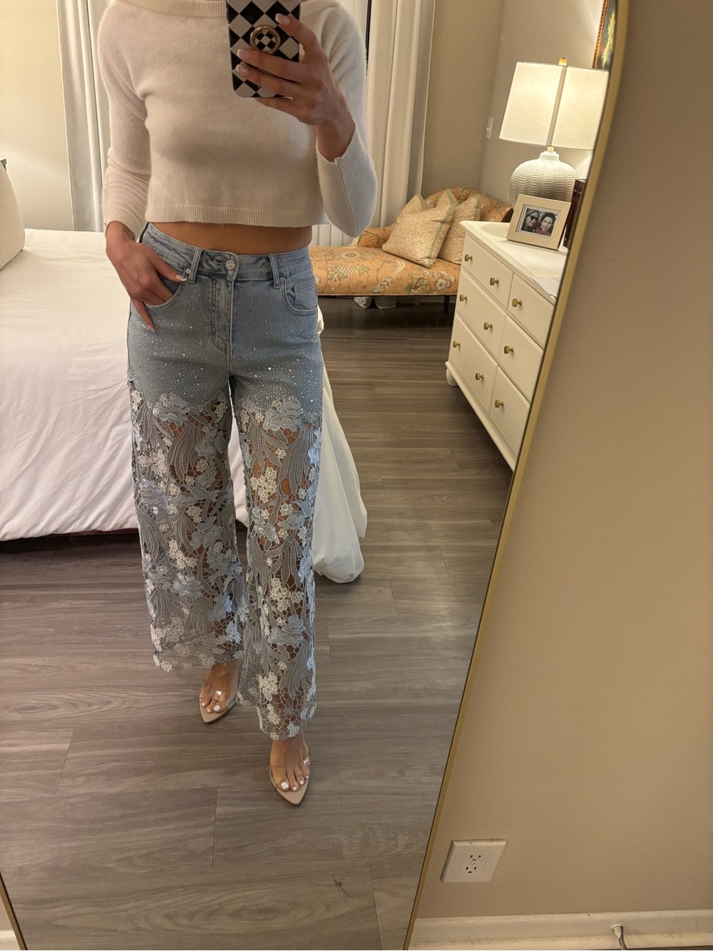 ✨ BAYEAS High Rise Rhinestone Lace Wide Leg Jeans - 27 - Picture 3 of 16